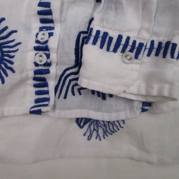 Embroidered Classic Shirt White Ramie Royal Blue - Picture 6 of 14